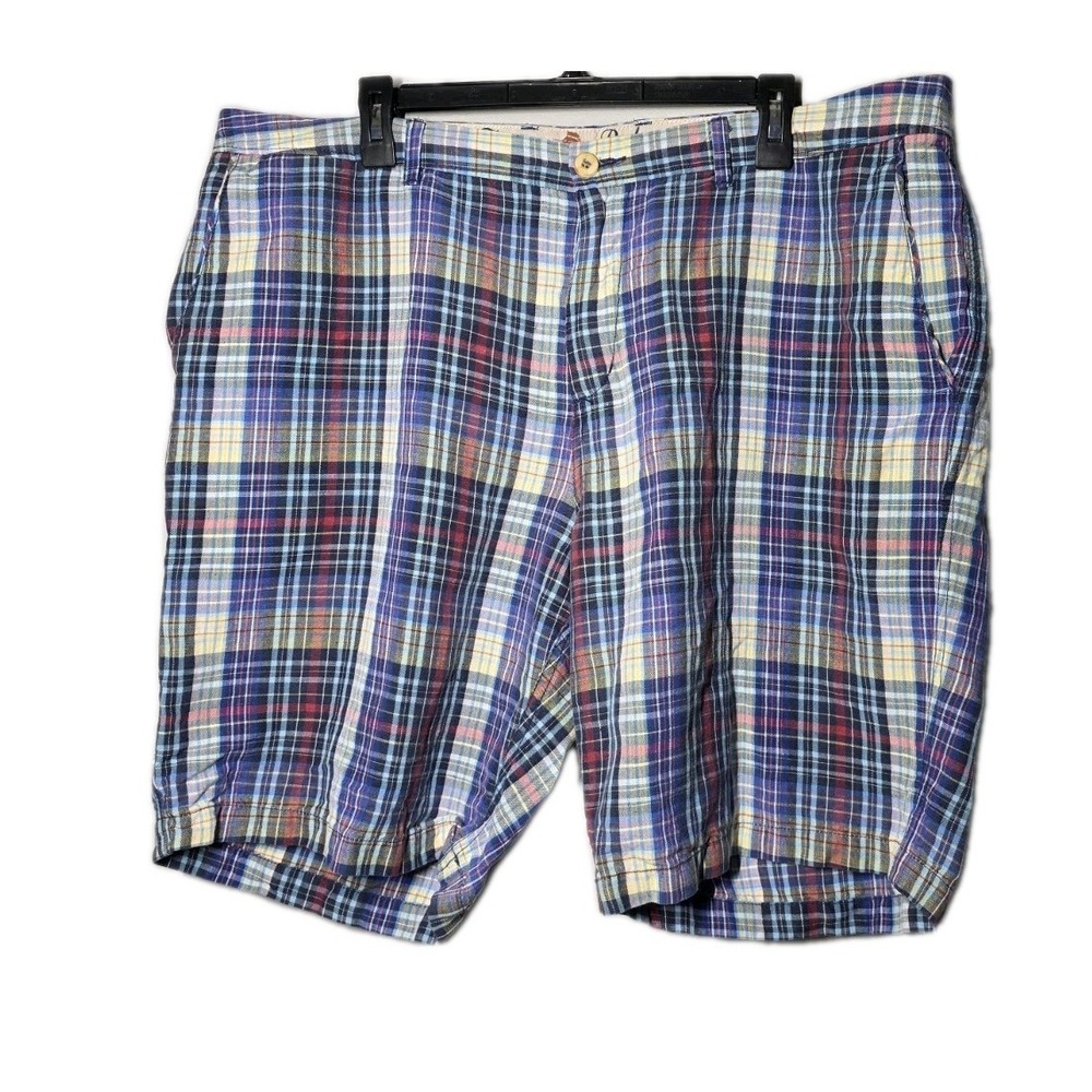 Tommy Bahama Shorts Men 40 Blue Plaid Flat Front Casual Chino Linen Blend Tencel